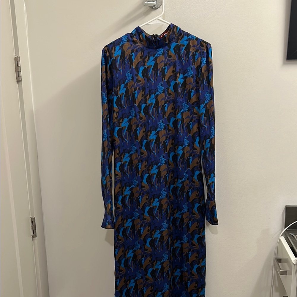 Staud Blue Black and Brown Long Sleeve Patterned Dress